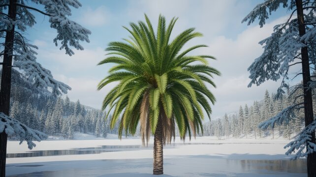 Giant Palm Tree in a Snowy Winter Landscape
