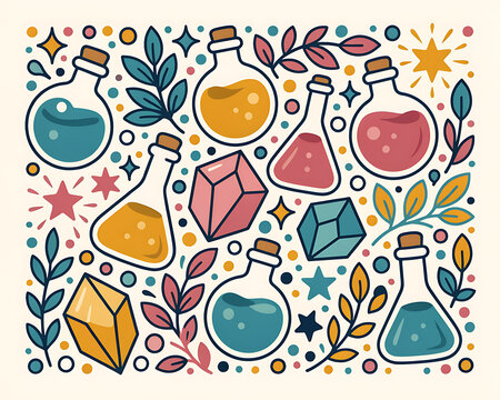 Assorted potion bottles with crystals and botanical elements in a whimsical pattern during daylight