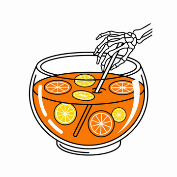 Halloween Punch Bowl with Skeleton Hand Illustration, Spooky Party Drink Vector Graphic