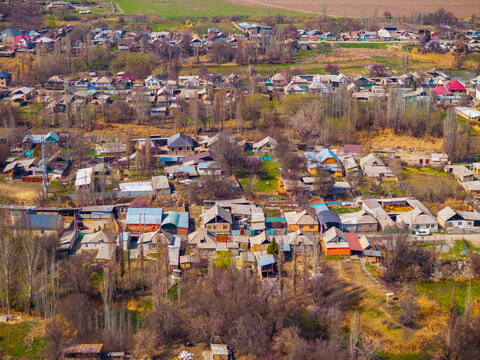 Aerial View of a Rural Village in Kyrgyzstan