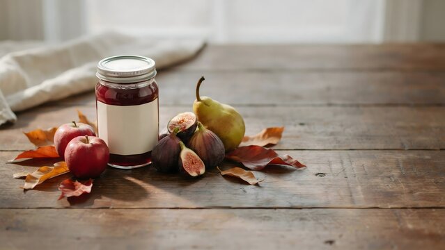 Blank jam jar with autumn fruits and leaves &ndash; Ideal for food branding, seasonal jams, or rustic lifestyle content.