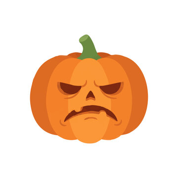 Grumpy Halloween jack o lantern pumpkin with angry frowning face isolated on transparent background vector, 3D orange pumpkin with green stem for autumn party, sticker, and holiday design asset