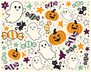 Fototapeta premium Cute Halloween characters and candy scattered across a festive pattern for seasonal celebration
