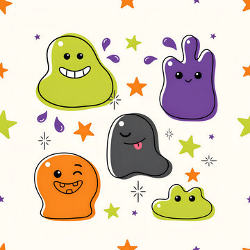 Cute cartoon slime monsters celebrating with stars during Halloween party concept with playful expressions