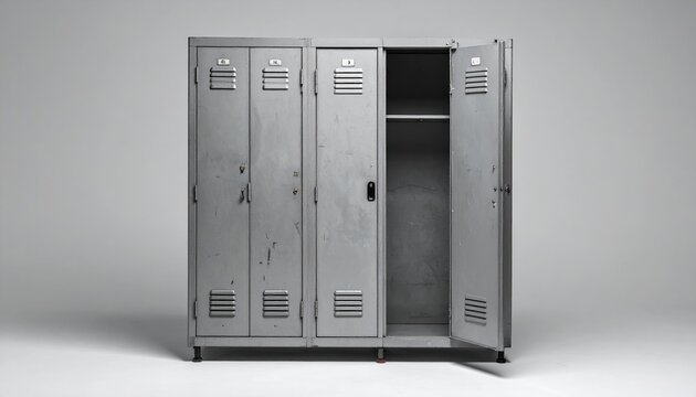 Old metal locker cabinet with open door, clean neutral studio background, school gym and storage concept