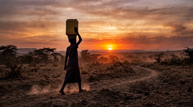Sub Saharan African Girl Carrying Heavy Water Container on Head at Sunset