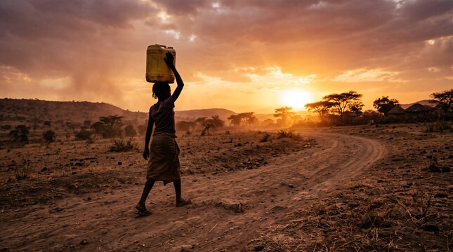 Sub Saharan African Girl Carrying Heavy Water Container on Head at Sunset