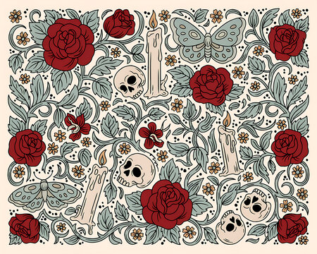 Gothic floral pattern with roses skulls and candles in a vintage style