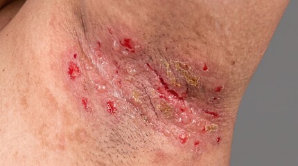Naklejka premium Severe inflamed axillary intertrigo and skin infection in human armpit