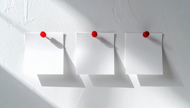 Three white square sticky notes attached with red push pins, clean white wall background, minimal office concept, soft natural shadows