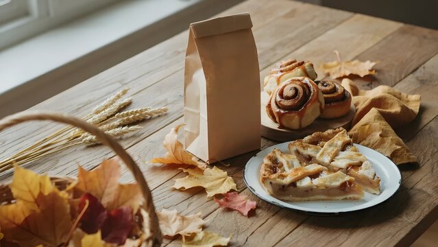 Autumn bakery table with paper bag and pastries &ndash; Suitable for local bakery marketing, seasonal dessert branding, or packaging templates.
