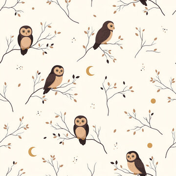Owls perched on delicate branches during twilight with celestial accents a charming woodland pattern for textiles