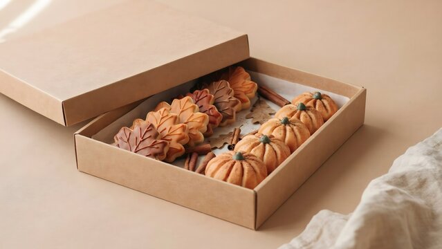 Autumn cookie gift box with leaf and pumpkin cookies &ndash; Ideal for holiday gift guides, seasonal bakery catalogs, or sweet treat marketing.