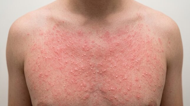 Front view of male chest with extensive red allergic papular skin rash