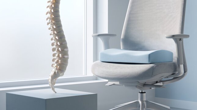 Anatomical spine model next to an office chair with a blue ergonomic seat cushion.