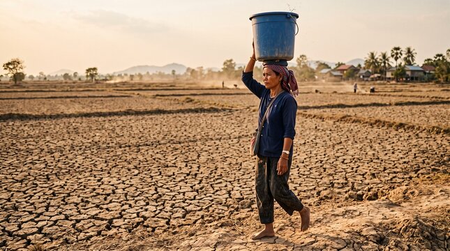 Southeast Asian Woman Carrying Heavy Water Bucket on Head in Sunbaked Fields