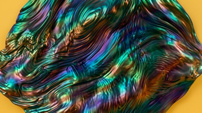 Vibrant iridescent oil slick texture with rainbow metallic swirls on yellow background
