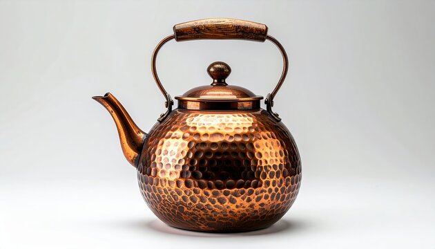 Copper tea kettle with wooden handle and classic hammered metal surface, clean white studio background, premium kitchen product photography