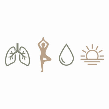 Wellness Icon Set with Lungs, Yoga Pose, Water Drop, and Sun Symbolizing Holistic Health