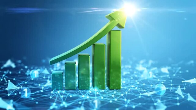 Green bar chart and rising arrow illustrating business growth, financial success, and digital data