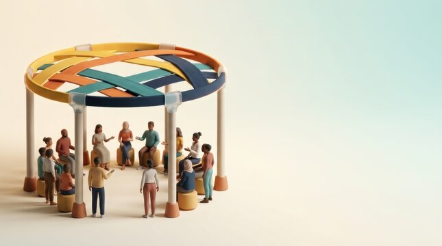Diverse group discussing mental health awareness and support under colorful structure
