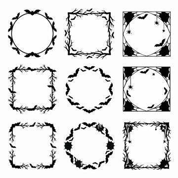 Halloween Decorative Frames with Bats and Spiderwebs, Vector Illustration Set for Holiday Design