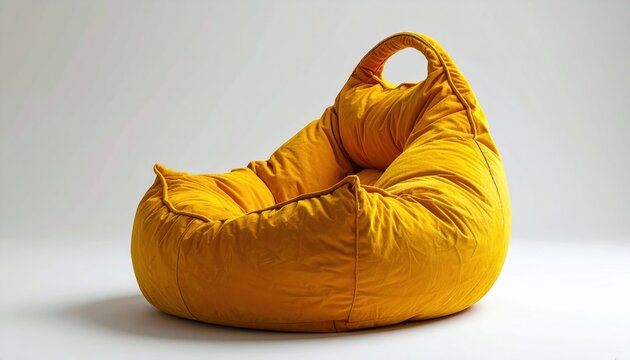 Yellow fabric bean bag chair with front handle, clean white studio background, modern furniture product photography