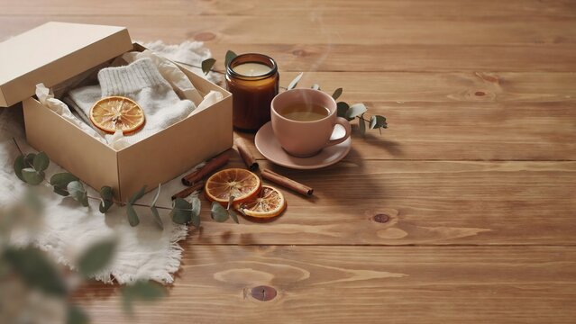 Kraft box care package with tea cup and cinnamon &ndash; Suitable for autumn subscription box ads, cozy lifestyle promotions, or gift guides.