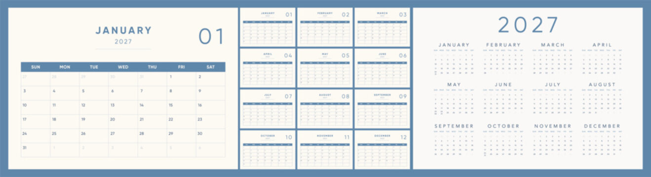 2027 Blue Grid Monthly Calendar Template with Numbered Months and Year Overview
