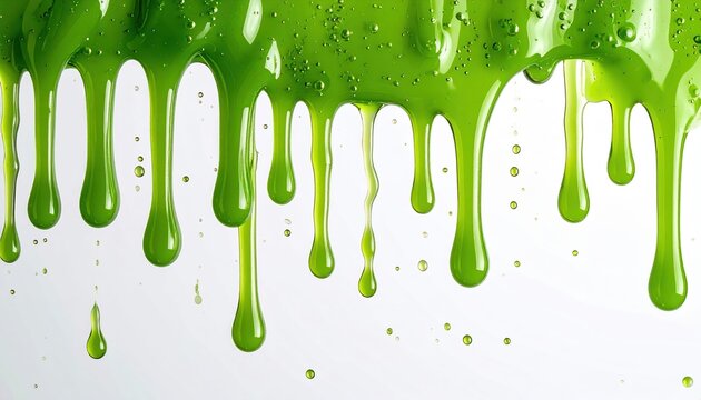 Viscous green slime or gel dripping downward in multiple smooth streams, clean white studio background, abstract texture design
