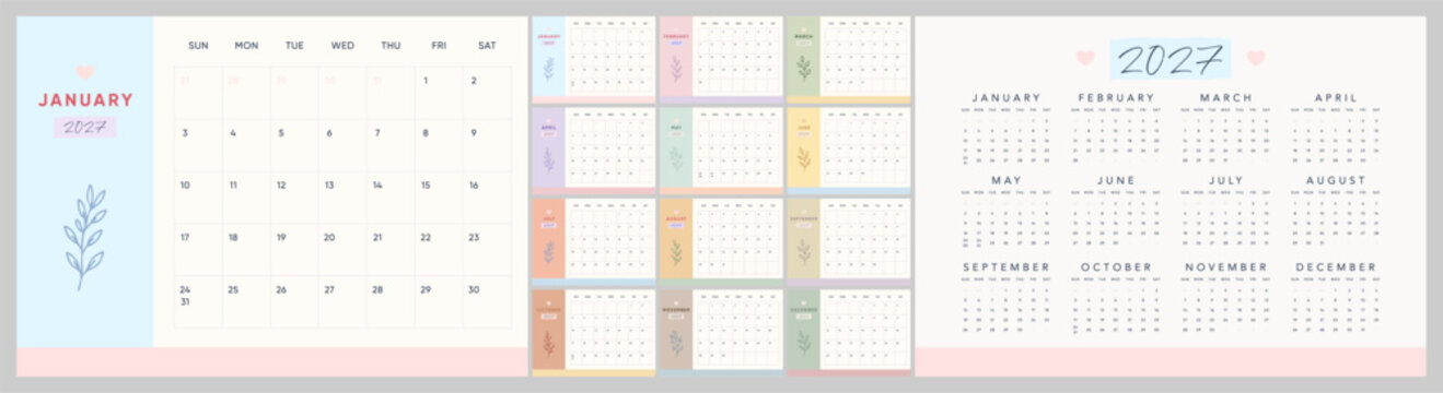 2027 Pastel Botanical Monthly Desk Calendar Template with Cute Year Planner
