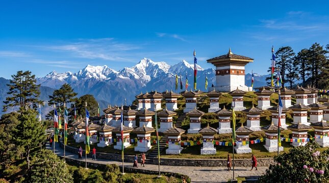 A serene view of the 108 Druk Wangyal Chortens at Dochula Pass in Bhutan, featuring rows of white memorial stupas set against the breathtaking snow-capped Himalayan mountain range under a clear blue