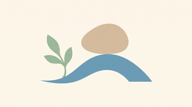 Minimalist abstract logo design featuring a stylized plant and stone.