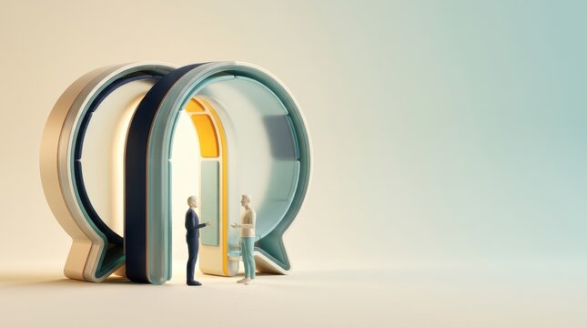 Figures engaging in conversation at a stylized speech bubble structure symbolizing mental health