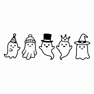Halloween Ghost Characters with Festive Hats, Vector Illustration for Holiday Design Projects
