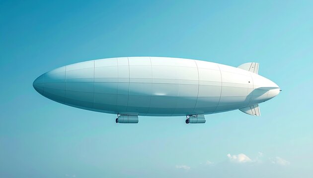 White blimp airship with smooth aerodynamic body, clean pale blue background, aviation and futuristic transportation concept