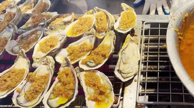 Grilled Oysters in Shell at Korean Street Food Market &ndash; Fresh Seafood Snack