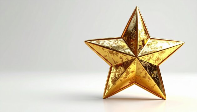 Shiny metallic gold star ornament with realistic reflections, clean white studio background, celebration and luxury design element