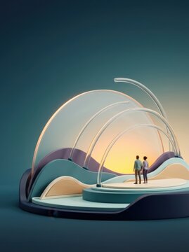 Two figures in modern abstract space symbolizing mental health support and human connection