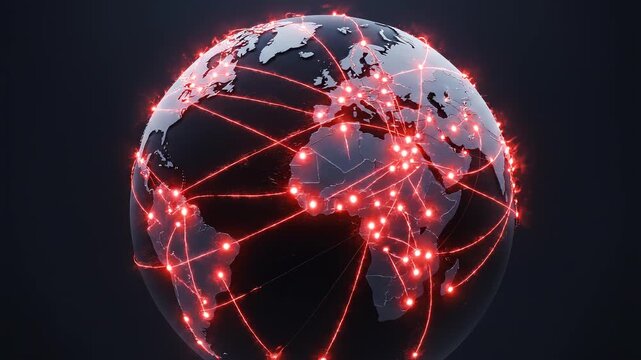 Abstract global network growth with interconnected glowing nodes during dark illumination representing digital connection