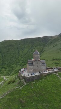 Aerial View of Gergeti Trinity Church and Mount Kazbek, Georgia