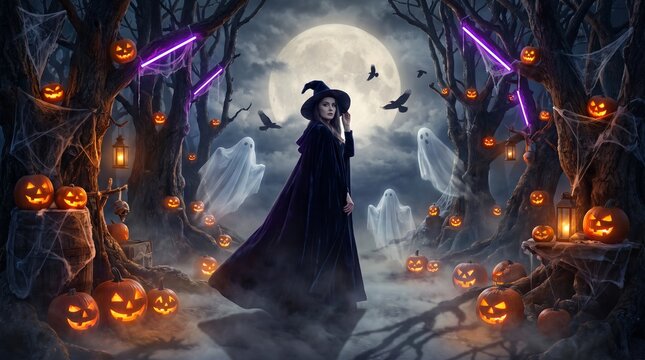 Spooky witch standing in an enchanted Halloween forest with glowing pumpkins and ghosts under a full moon