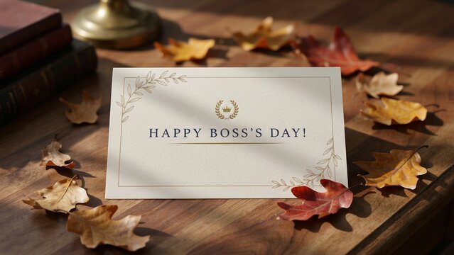 Happy Boss's Day greeting card on wooden desk. Autumn leaves and vintage books background. Professional appreciation card.