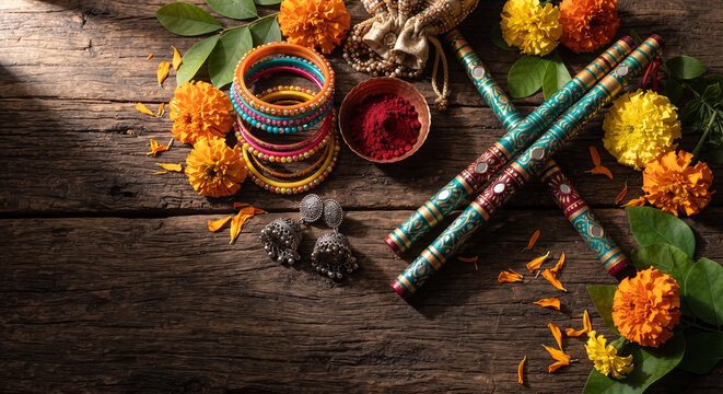 Navratri festival flat lay with dandiya sticks, colorful bangles, silver jhumka earrings, kumkum powder, and fresh marigold flowers on rustic wooden background.