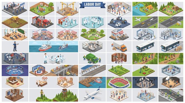 Isometric Labor Day Illustration Collection Featuring Various Professional Roles, Industries, Public Infrastructure, Recreational Scenes, and Work Environments in a Grid Layout