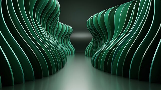 Corridor of green 3D waves rendered in mirrored symmetry