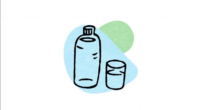 An animated hand-drawn clear mineral water bottle with a filled drinking glass. Great for healthy hydration, daily water intake, and sports drink.