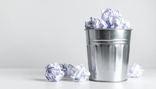 Silver metal trash bin filled with crumpled white paper balls, clean white office background, recycling and workplace concept