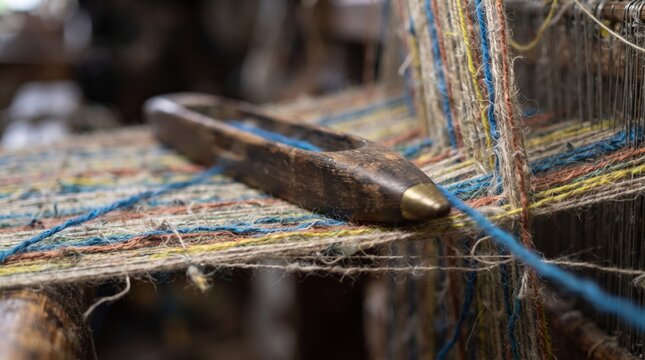 Close-up of a traditional wooden weaving shuttle moving through colorful threads on a vintage manual loom, showcasing the intricate process of artisanal textile craftsmanship and fabric production.