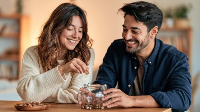 A happy couple shares a joyful moment as they put coins into a clear jar, symbolizing saving money together at home.